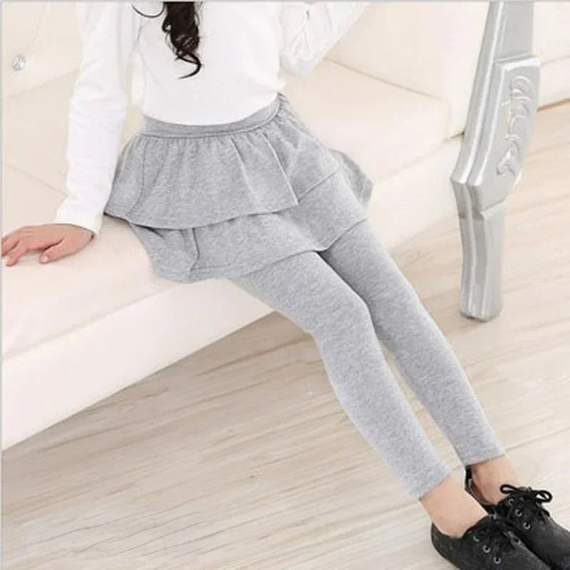 Girls Skirted Leggings - Cotton-Blend Ruffled Cake Skirt Pants for Ages 3–11 (Spring/Autumn)
