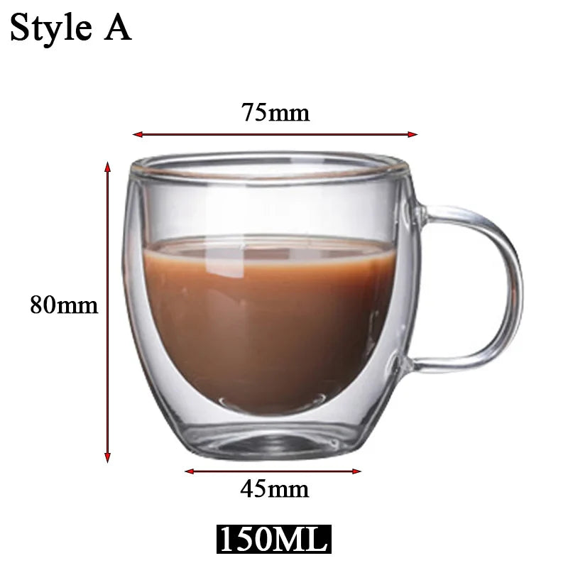Clear Double Wall Insulated Glass Cups — 5 Sizes | Coffee, Espresso, Tea, Beer & Whiskey Mugs
