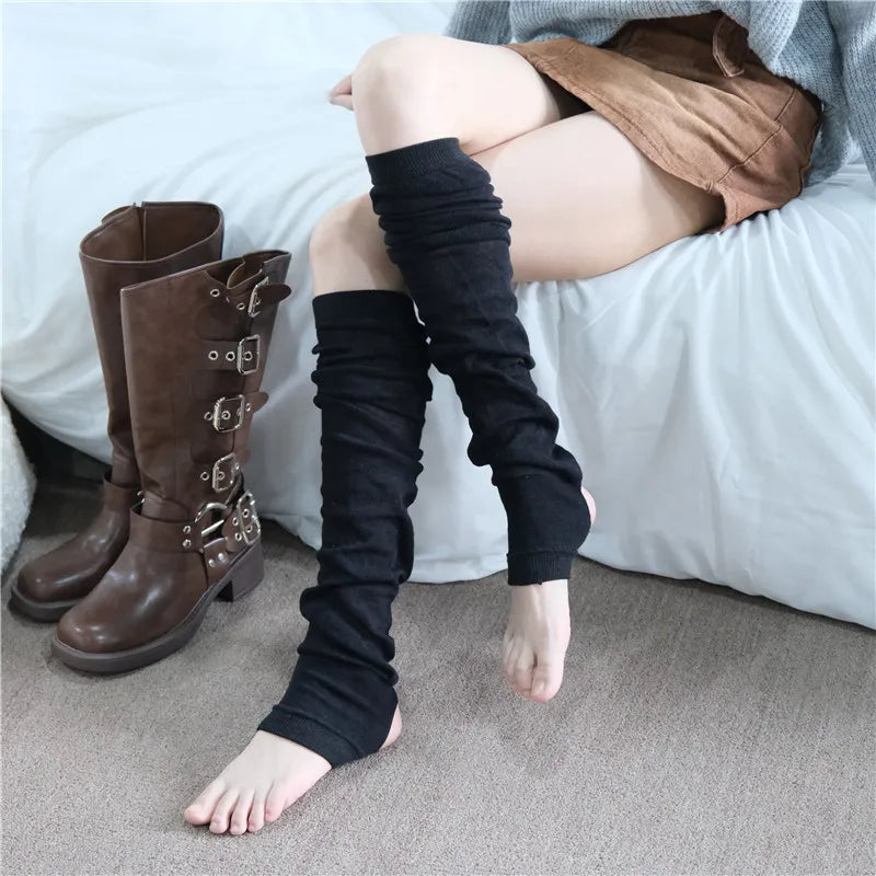 Women's Gray Knit Calf Leg Warmers - Cotton-Blend Ballet Pile Socks for Autumn