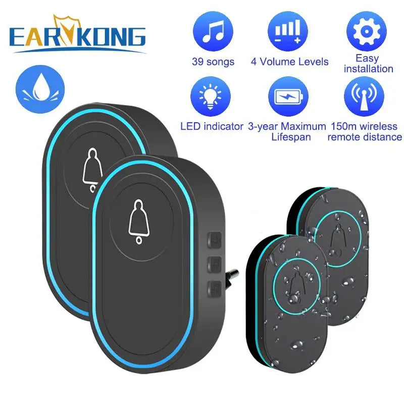 Smart Wireless Doorbell Waterproof Long Range 300m (984 ft) Remote Chime - Plug-in Options EU/UK/US, 39 Melodies