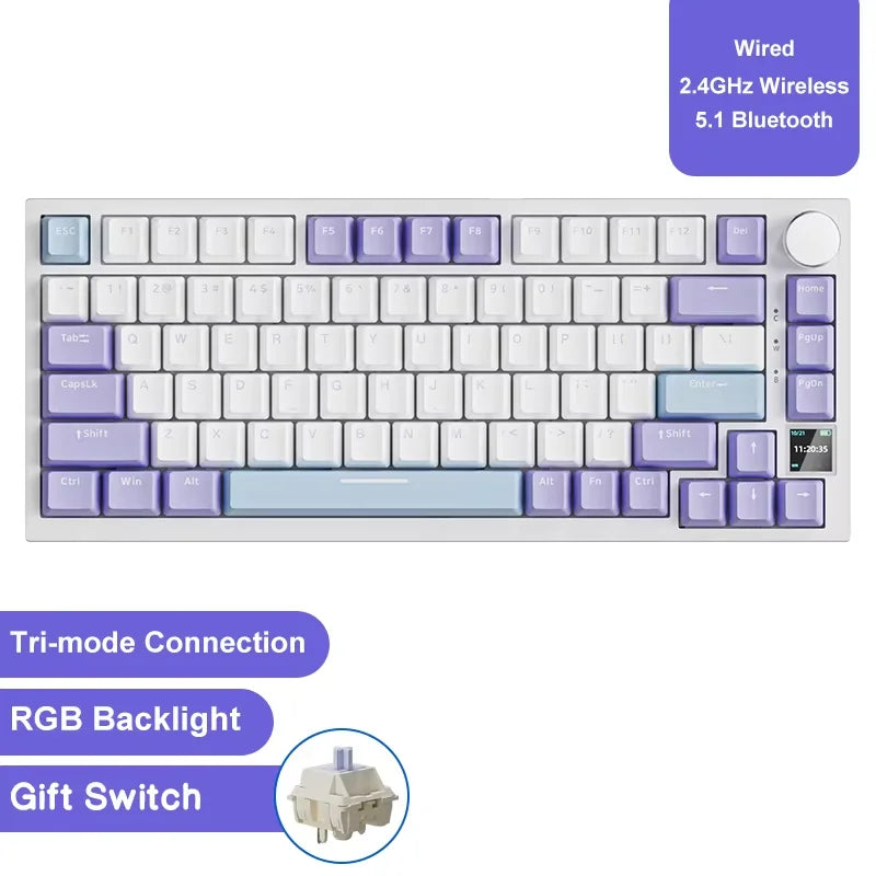 82-Key Hot-Swappable Mechanical Keyboard with Rotary Volume Knob, USB Wired & 2.4GHz Wireless, Monochrome Backlight