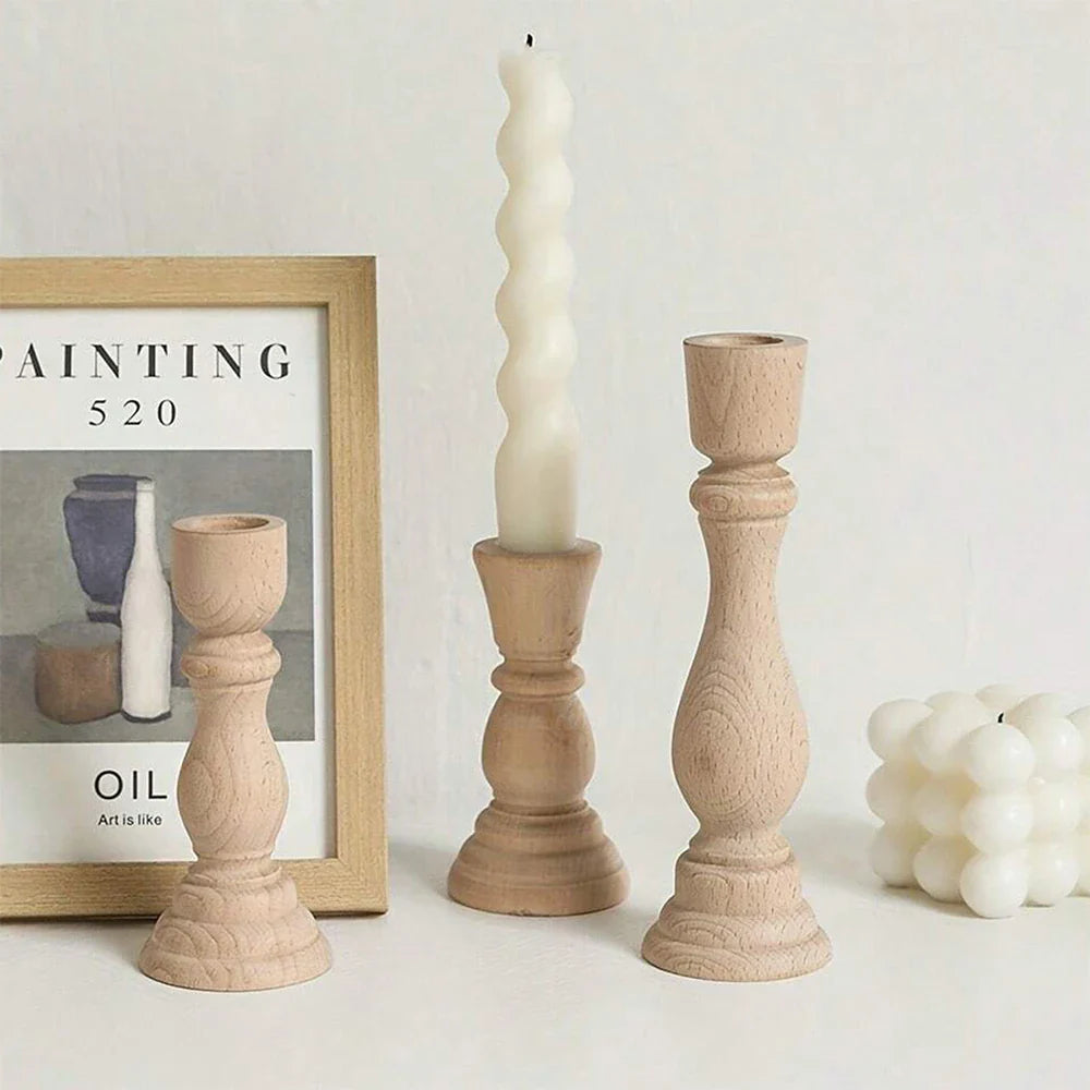 Handcrafted Unfinished Wooden Pillar Candle Holder Rustic Candlestick for Home Decor