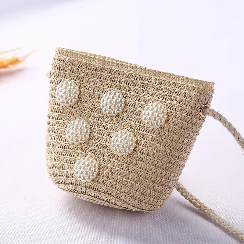 Girls Daisy Straw Mini Messenger Bag, Kids Shoulder Handbag with Coin Purse