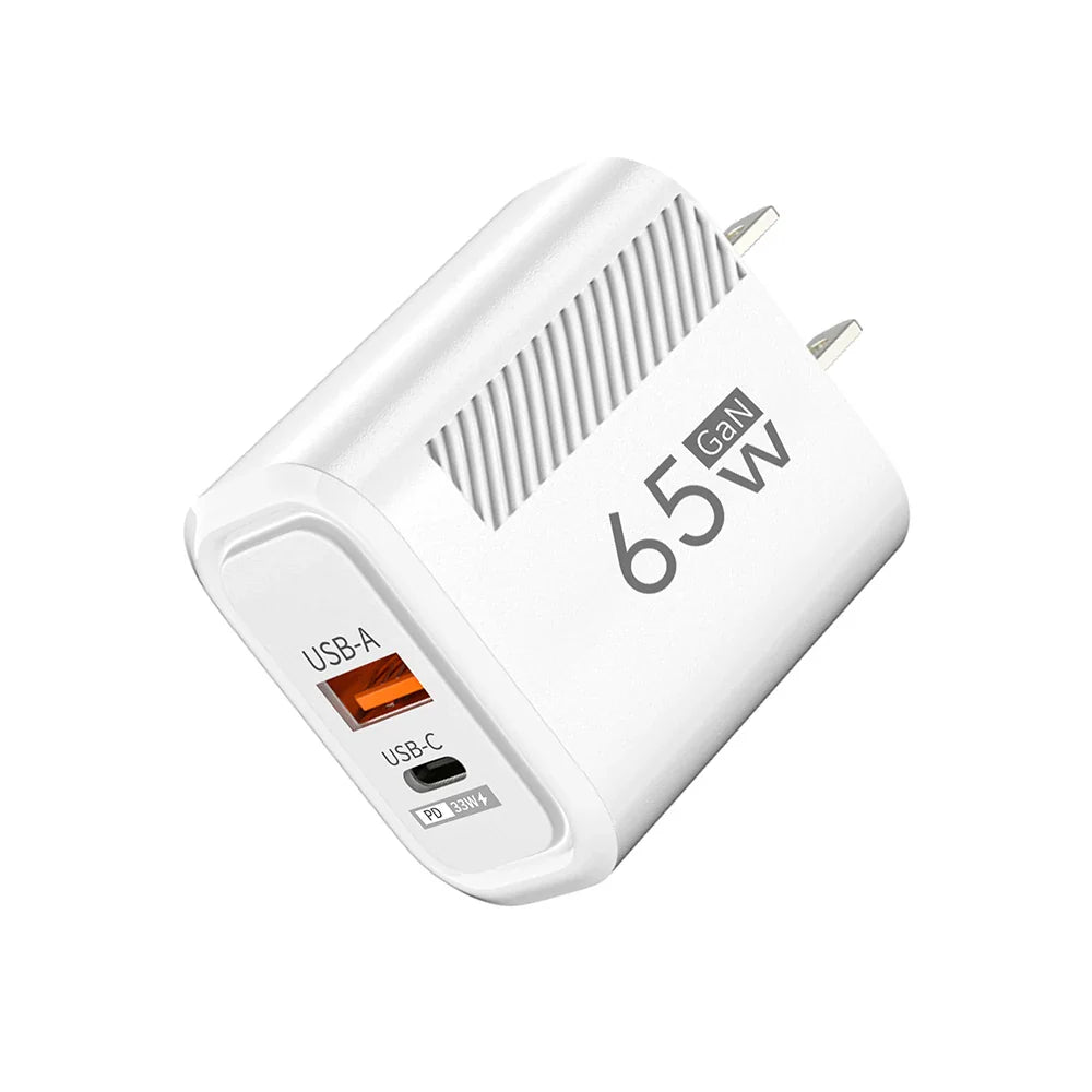65W GaN 2-Port USB-C PD & QC3.0 Fast Charger - USB-A + USB-C Wall Adapter, EU/US Plug for Smartphones