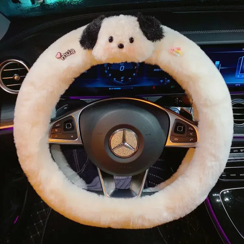 Kawaii Cute Dog Cartoon Steering Wheel Cover 15 in (38 cm) Plush Anti-Slip Warm Car Interior Accessory