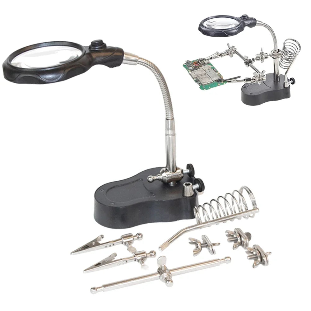 Adjustable 3.5X/12X Dual-Lens Magnifying Welding Clip with LED Light - Soldering Helping Hands & Circuit Board Repair Loupe