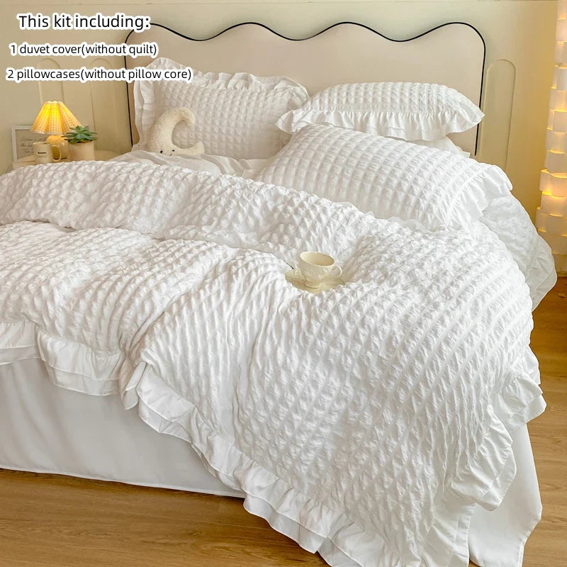 3-Piece Lace Seersucker Duvet Cover Set with 2 Pillowcases - Washed 100% Polyester, Fits 1.0-2.2 m Beds (3.3-7 ft)