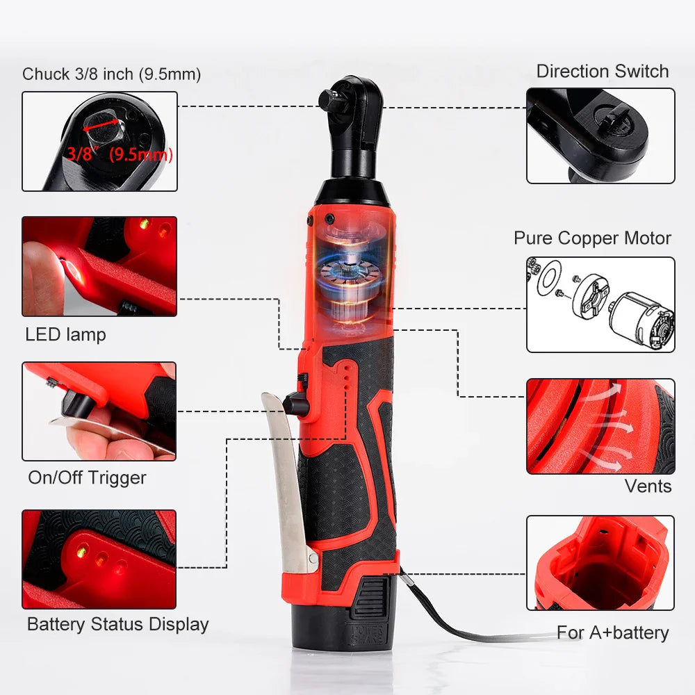 Cordless 3/8 in (9.5 mm) Right-Angle Ratchet Wrench — 18V Rechargeable, 65 N·m Torque for Car Repair
