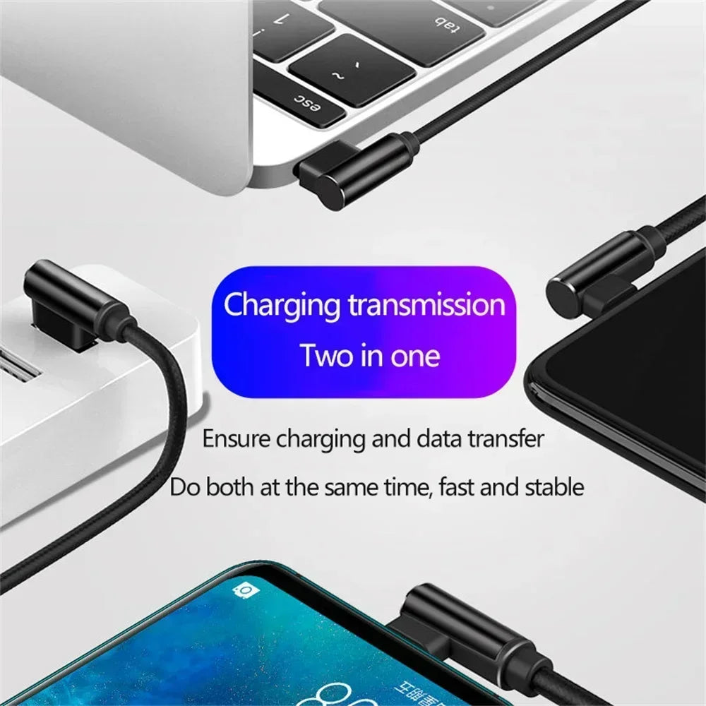 40W 5A USB-A to USB-C Fast Charging Braided Right-Angle Cable — 90° Data & Phone Charger for iOS and Android Smartphones