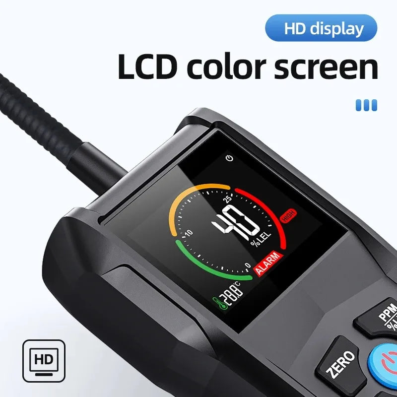 Combustible Gas Leak Detector 0-100% LEL / 0-50,000 ppm — LCD Screen, Sound & Light Alarm, 10.6in (270mm) Flexible Probe, Portable