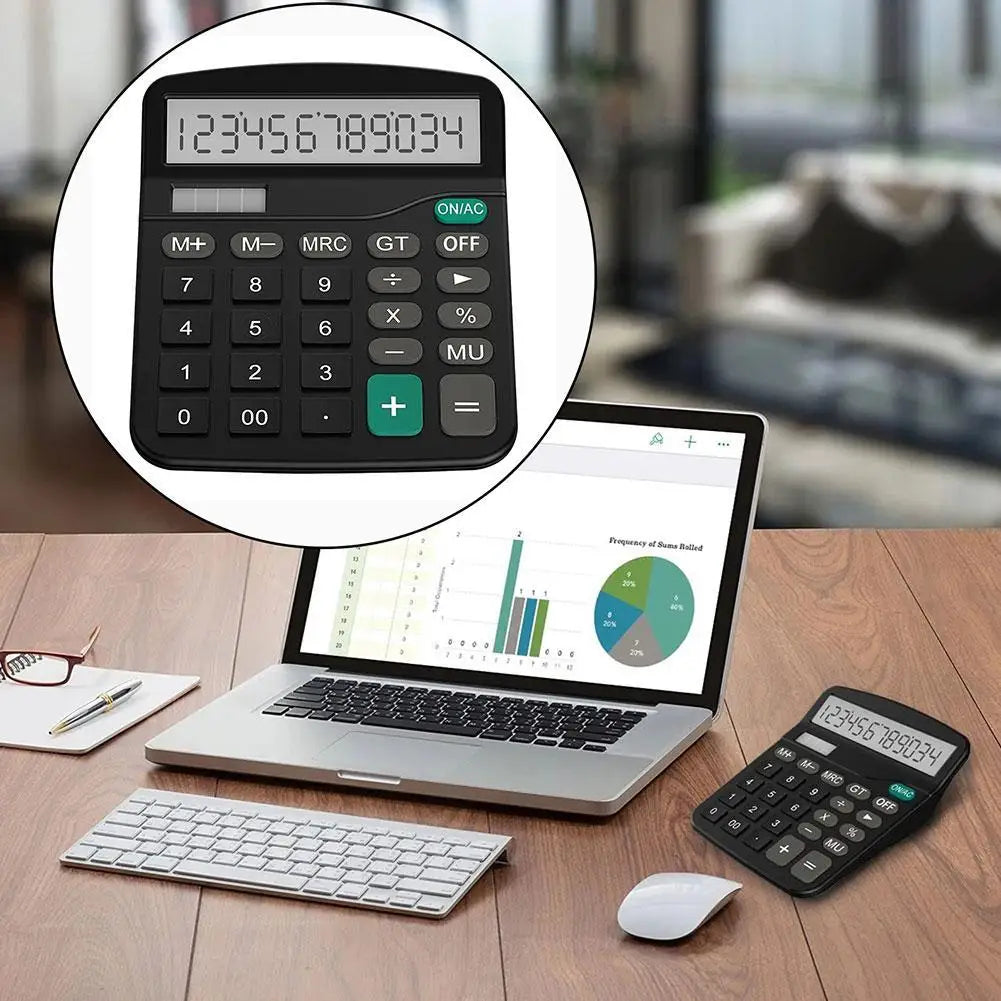12-Digit Large LCD Dual-Power Desktop Calculator — Solar + AA Backup, Standard & Financial Functions