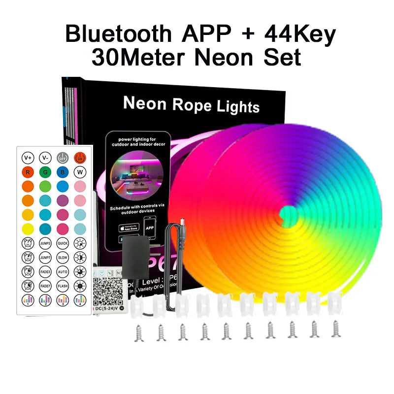 24V RGB LED Neon Strip Light – 5m/16.4ft, 10m/32.8ft, 15m/49.2ft, 20m/65.6ft, 30m/98.4ft | Bluetooth App & 24/44-Key Remote, Music Sync, 60 LED/m, IP67 Waterproof