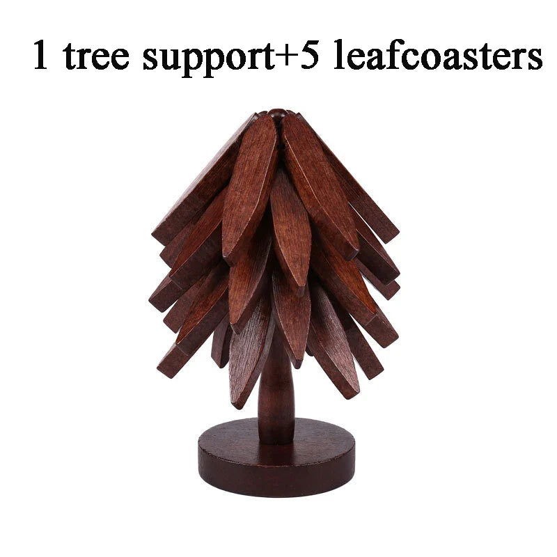 Tree-Shaped Wooden Trivet Set – 4 Foldable Trivets + Stand | Natural Wood Hot Pads for Pots, Teapots & Bowls