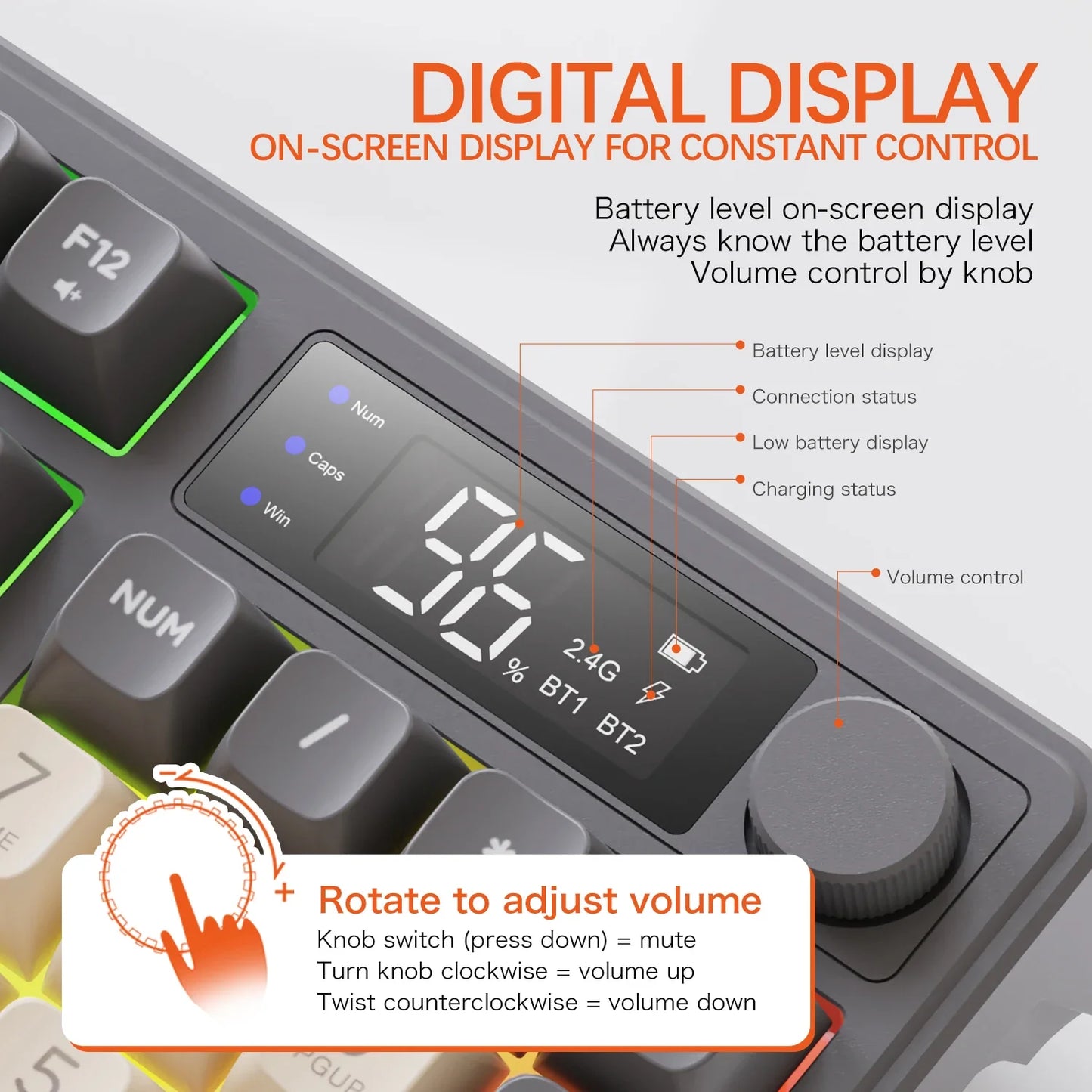 96-Key Bluetooth & 2.4G Wireless Gaming Keyboard with Smart Screen, RGB Backlight, Ergonomic PBT Keycaps — Multi-Device for PC Laptop Tablet