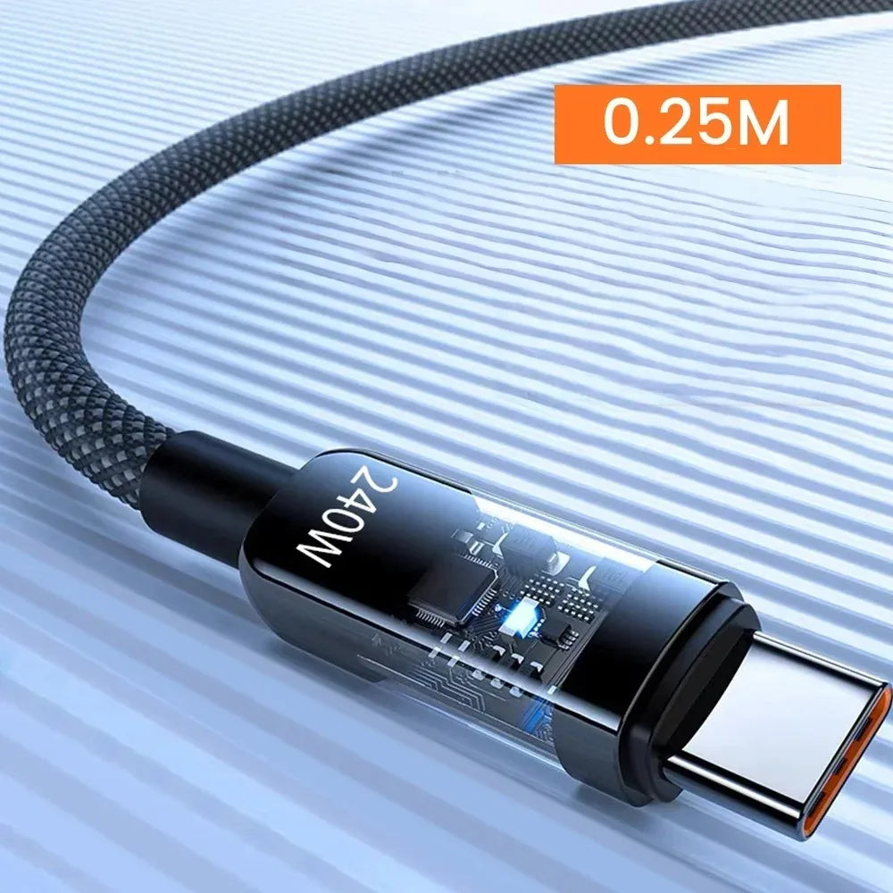 240W USB-C PD Fast Charging Cable with LED Power Display — Nylon Braided USB to USB-C, 0.25/1/1.5/2 m (0.82/3.28/4.92/6.56 ft), Up to 6A Quick Charge