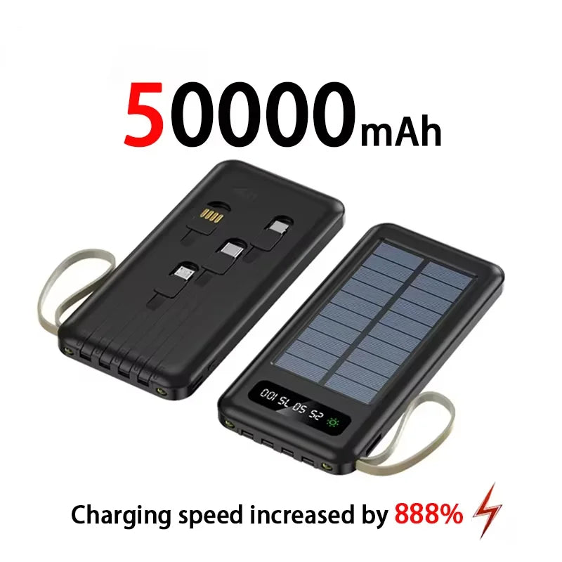 200000mAh Solar Power Bank – Large Capacity Portable Charger with Dual USB, 4 Built-In Cables, Fast Charging & LED Display