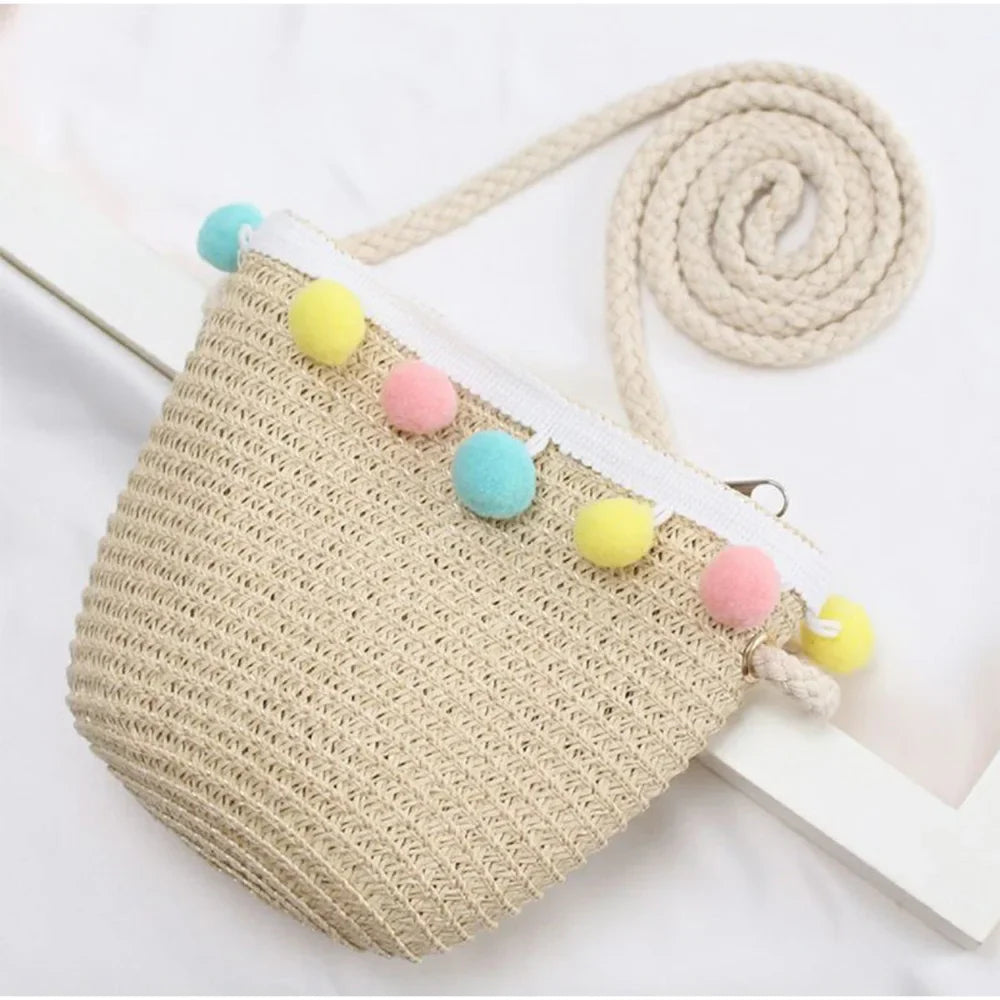 Kids Mini Woven Natural Straw Crossbody Bag for Girls Cute Shoulder Purse