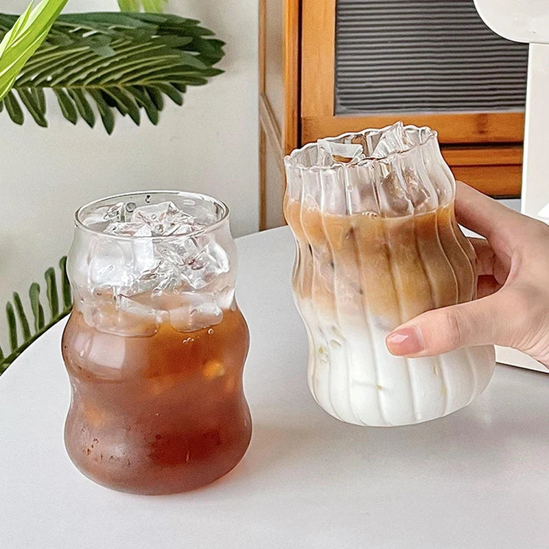 Vertical Striped Clear Glass Cup - Aesthetic Drinkware for Milk Tea, Coffee & Juice