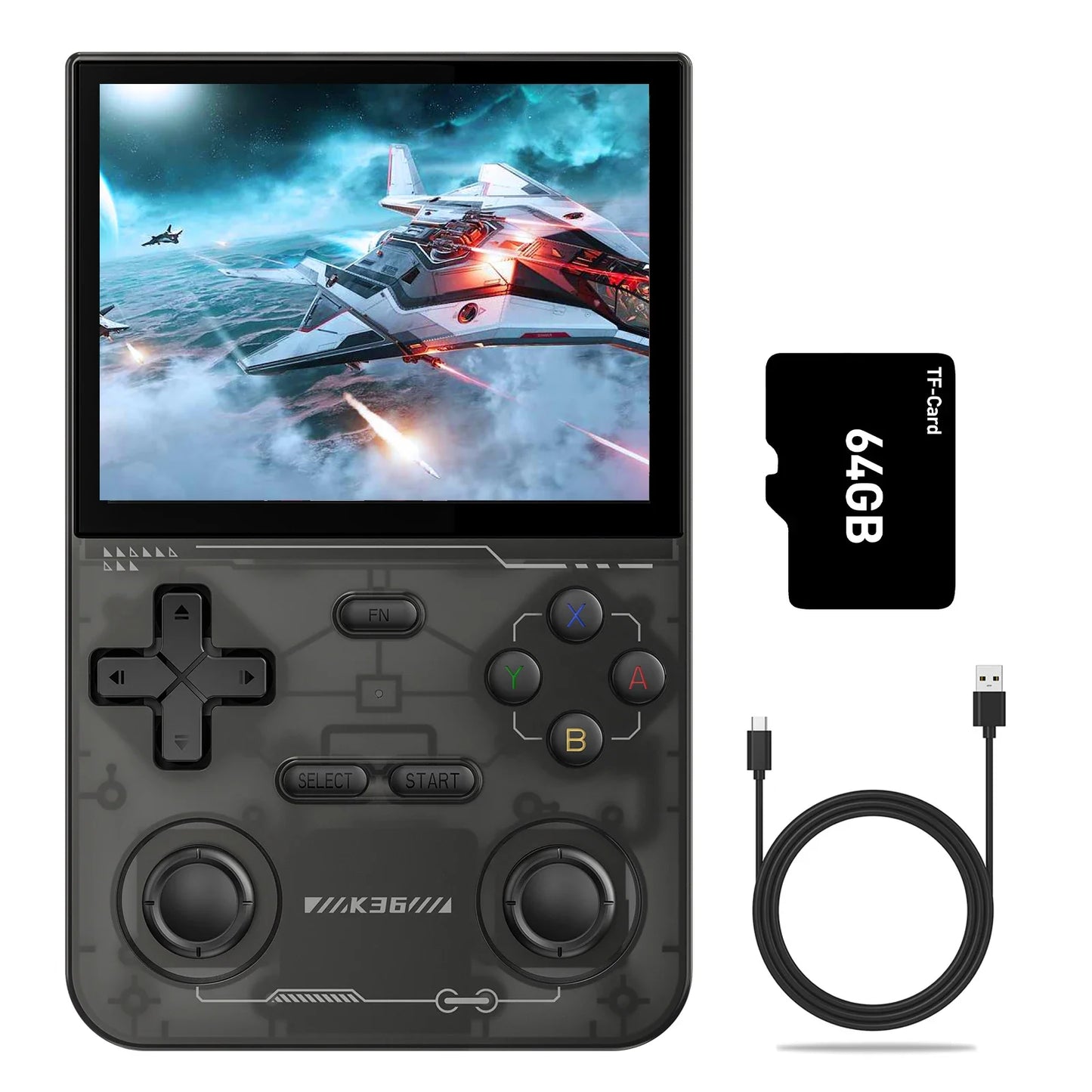 Retro Handheld Emulator Console, 16,000+ Classic Games, 3.5" IPS 500 nit (640x480), RK3326 CPU, 3500mAh, Type-C, 64GB