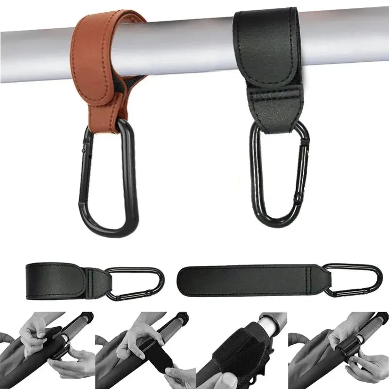 2-Pack PU Leather Stroller Hooks – Adjustable Pram Bag Hangers, Universal Diaper Bag Organizer