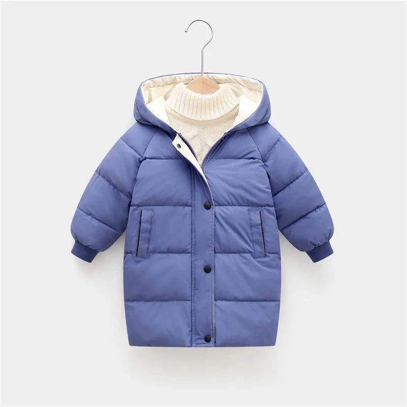 Kids Hooded Long Down Parka Coat - Warm Zippered Winter Jacket for Boys & Girls