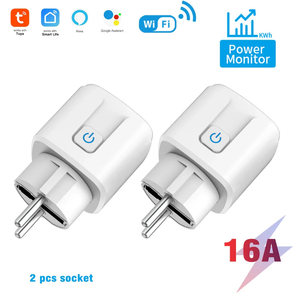 Smart WiFi Dual Outlet Wall Socket 16A/20A – Voice Control with Google & Alexa, Timer & Energy Monitoring (EU Plug)