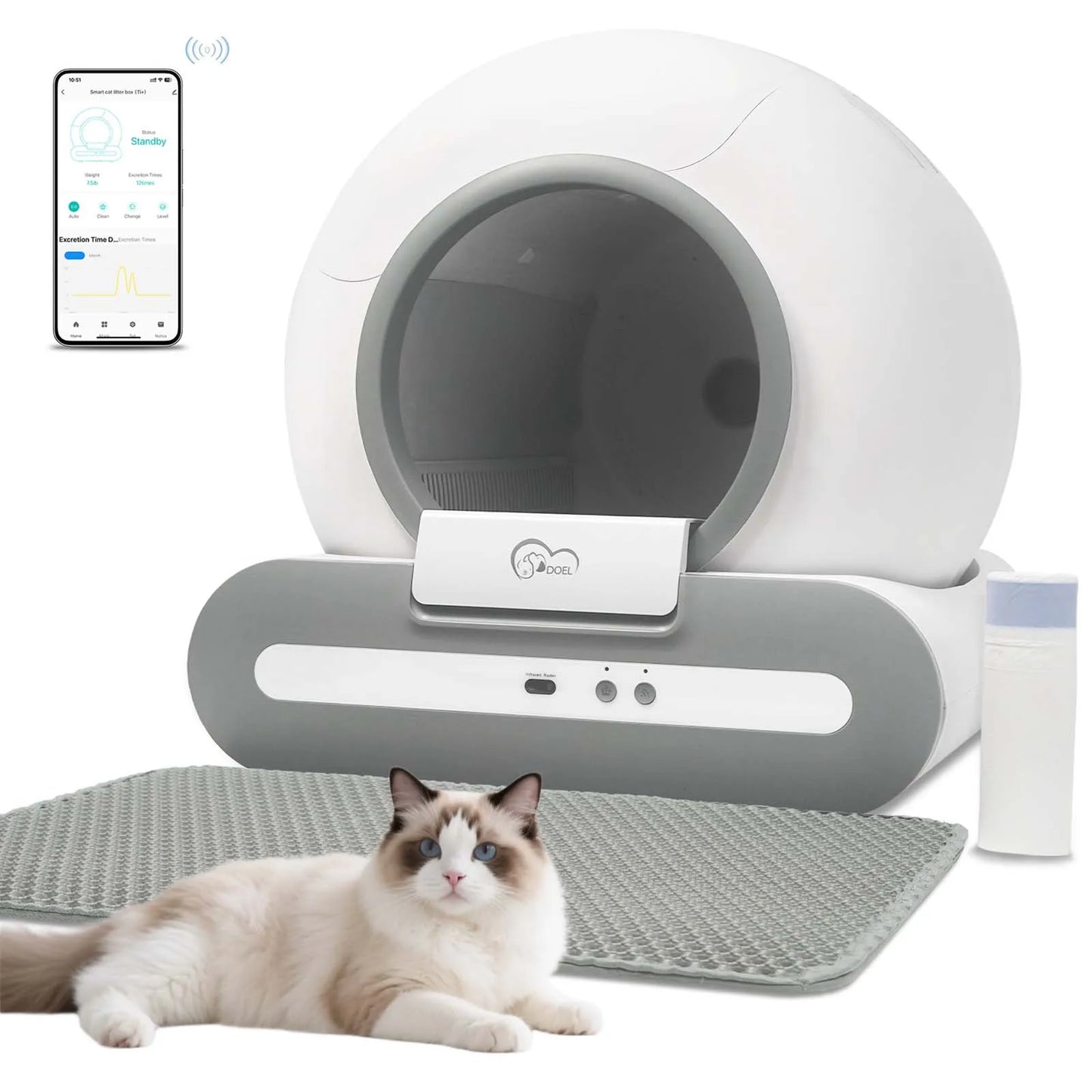 56L Self-Cleaning Smart Cat Litter Box — App Control (2.4GHz Wi‑Fi Only), Low-Entry 5.9 in / 15 cm, Includes Litter Mat & Waste Bags, Fits Tofu & Clumping Litter