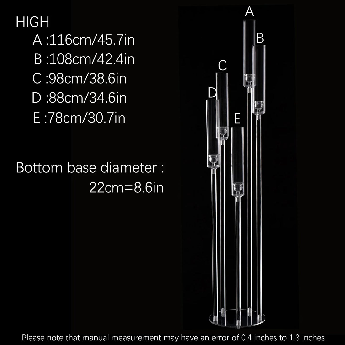 10-Pack Clear Acrylic 5-Arm Floor Candelabra 45.7in (116cm) – Wedding Table & Ceremony Centerpiece Candlestick Holder (LED Taper Compatible)