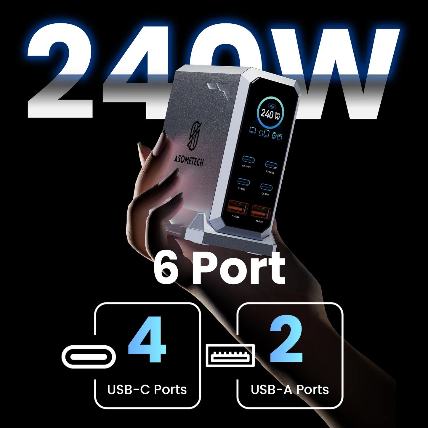 240W GaN 6-Port Fast Charger PD 3.1 - 140W USB-C PD PPS Desktop Charging Station (4 USB-C, 2 USB-A) for Laptops, Phones & Tablets