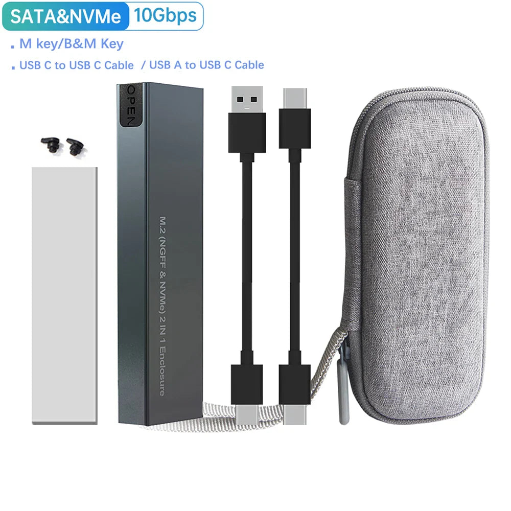 Dual-Protocol M.2 NVMe/SATA SSD Enclosure – USB 3.1 Gen2 10Gbps, Supports 2230/2242/2260/2280 (Type-C to C/A)