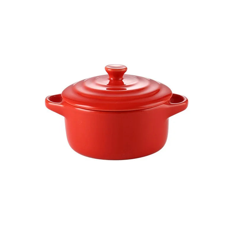 Porcelain Double-Handle Ceramic Bowl with Lid — Microwave & Steam Safe (13×7.5×9.8 cm | 5.12×2.95×3.86 in) for Steamed Eggs, Pudding & Soup