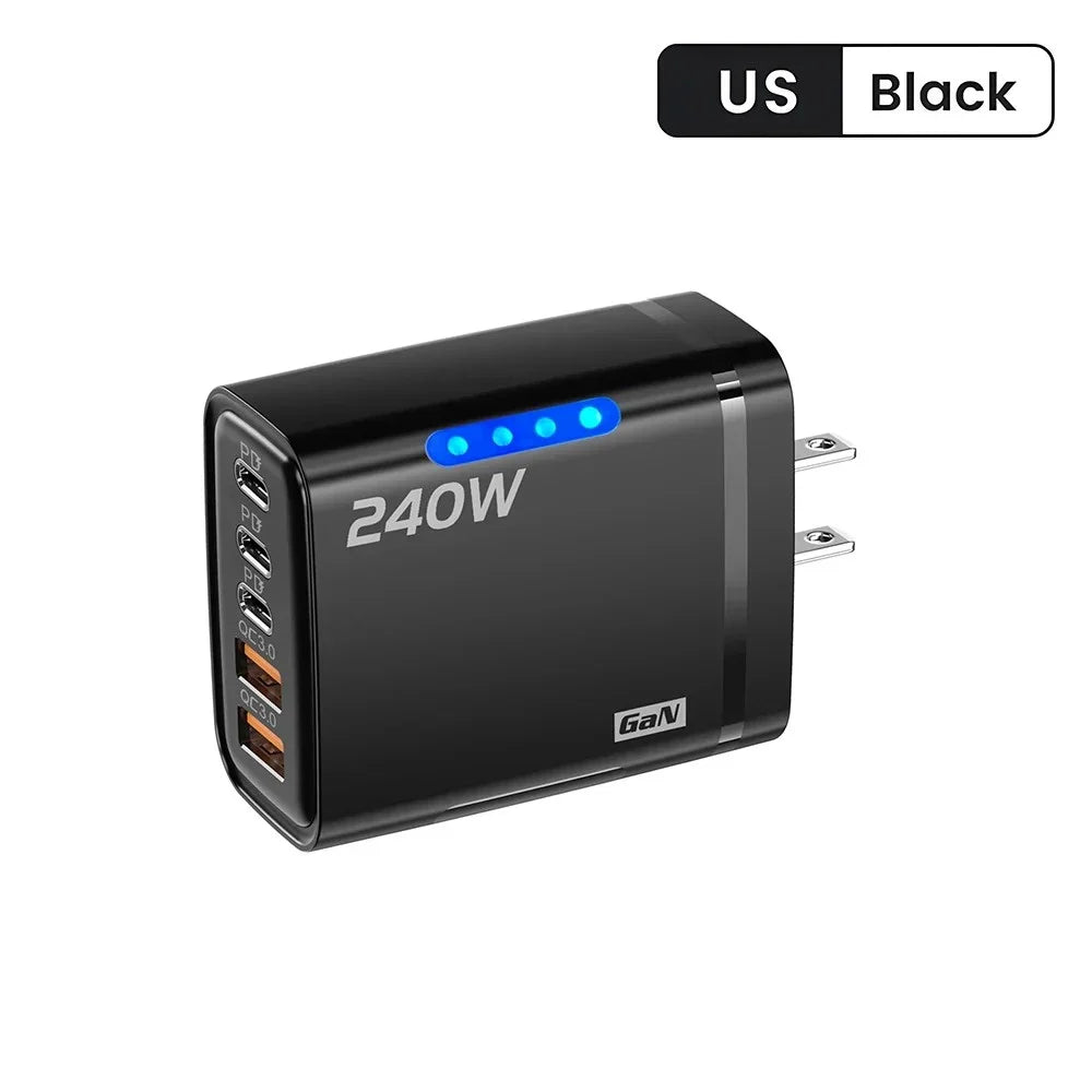 240W 5-Port USB-C PD Fast Charger GaN – Quick Charge 3.0 Adapter (3×Type-C + 2×USB-A)