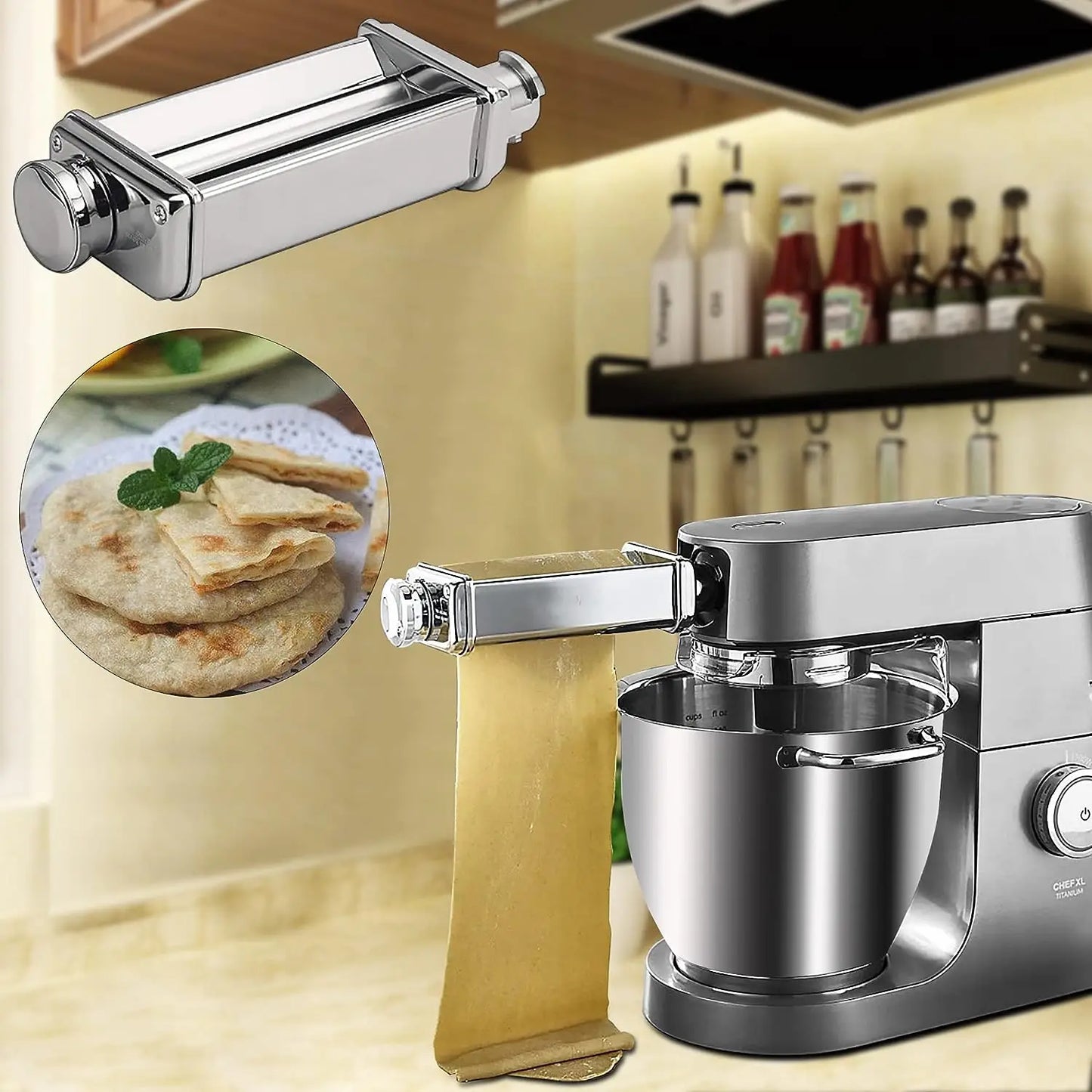 Stand Mixer Pasta & Meat Grinder Attachment Kit – Stainless Steel Fettuccine Cutter 6mm, Adjustable Roller, Sausage Stuffer & Cleaning Brush