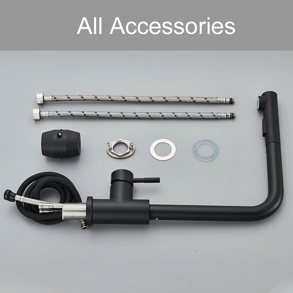 Black Pull-Out Kitchen Faucet Retractable Spray Single-Handle Deck-Mounted Mixer Tap Hot & Cold