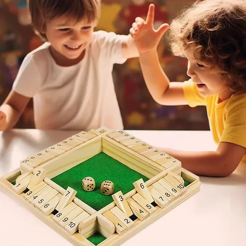 Shut the Box Wooden Dice Game with Flaps — 4-Player Family Educational Math Board Game