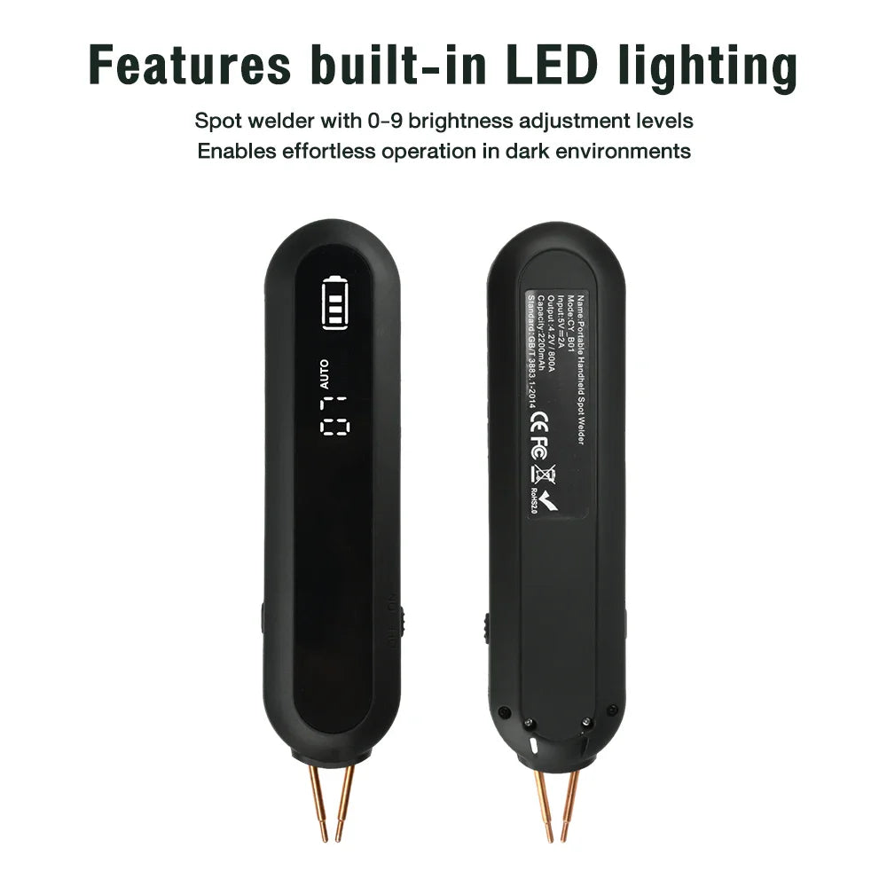Handheld Portable Spot Welder Kit – 12 Power Levels, Built-In 2200mAh Battery, LED Work Light, Type-C Charging & Nickel Strips