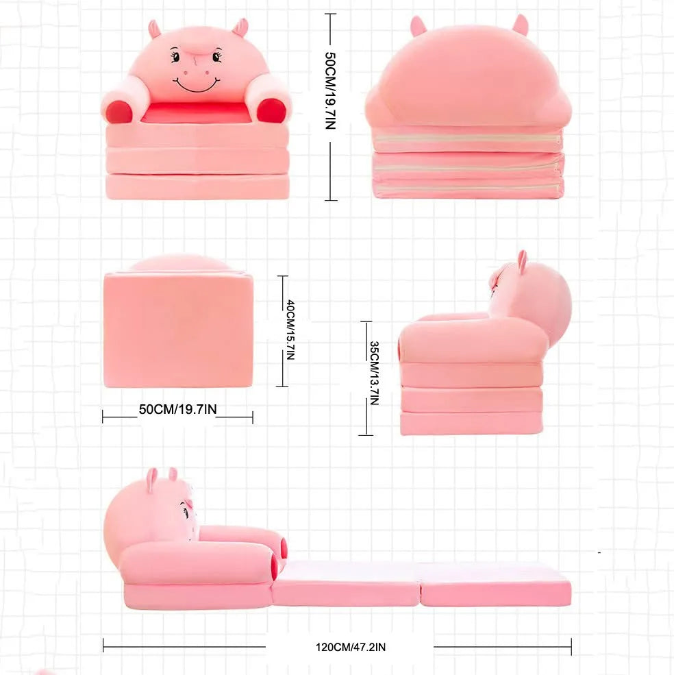 Plush Foldable Kids Sofa Bed 2-in-1 Cartoon Armchair with Removable Washable Cover