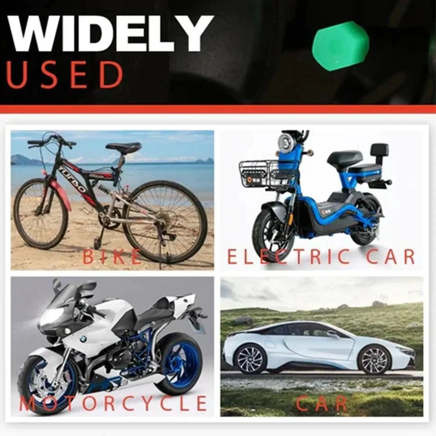 4-Pack Luminous Tire Valve Stem Caps 16×12×12mm (0.63×0.47×0.47 in) Glow-in-the-Dark Rhinestone Wheel Caps for Car Motorcycle Bike