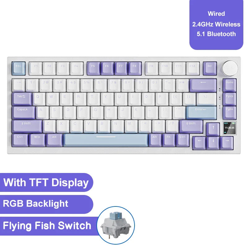 75% 82‑Key Hot‑Swappable Mechanical Gaming Keyboard — Tri‑Mode Wired/2.4GHz/Bluetooth, RGB, TFT Screen, Metal Volume Knob, USB Type‑C