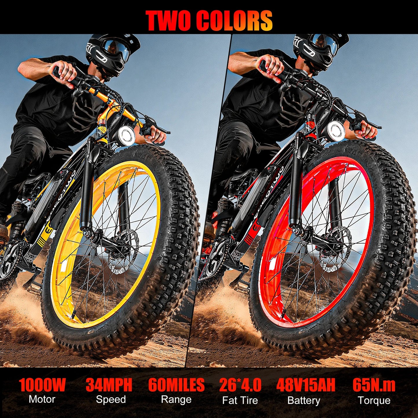 Adult Electric Fat Tire Bike 26-inch (66 cm), 1000W Motor (up to 1500W peak), 34 MPH (55 km/h), 60‑Mile Range, 4.0-inch Tires
