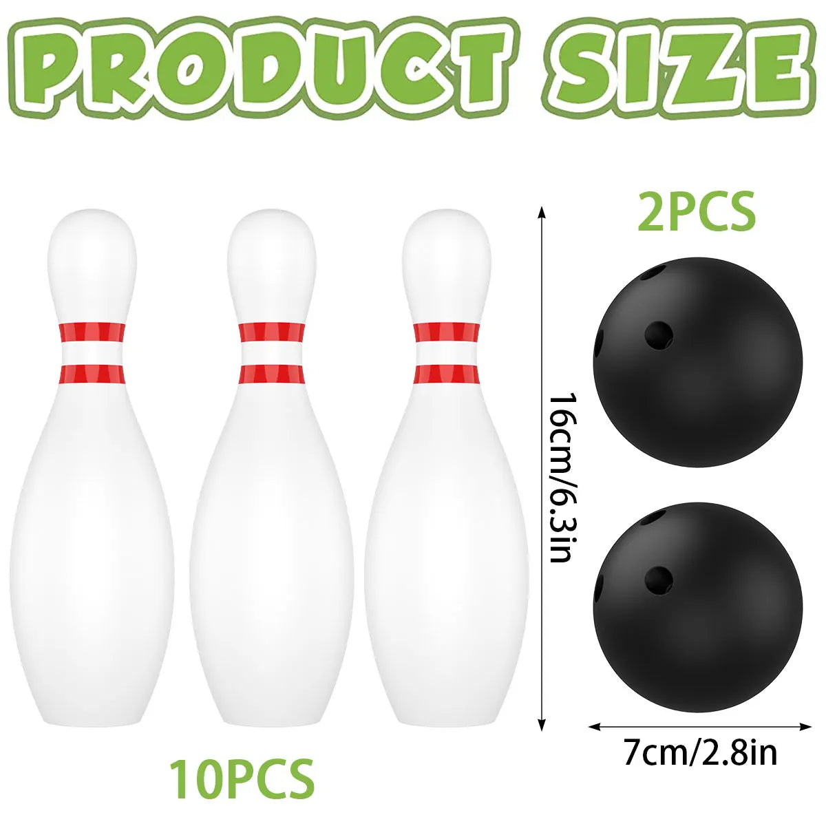 Kids 10-Pin Bowling Set with 2 Balls — Plastic Indoor & Outdoor Family Game, 16cm (6.3in) Pins, 7cm (2.8in) Balls