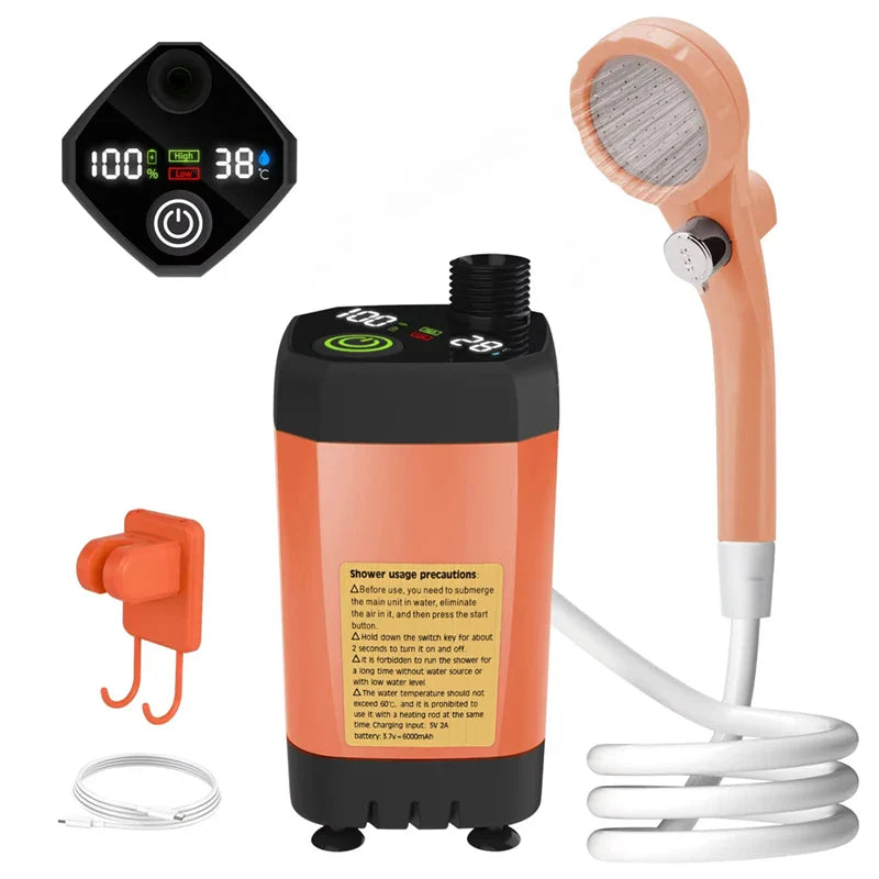 Portable Camping Shower Pump 6000mAh – RV Outdoor Shower Kit with Full-Screen Digital Display & Adjustable Energy-Saving Mode