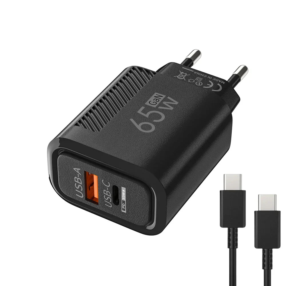 65W GaN 2-Port USB-C PD & QC3.0 Fast Charger - USB-A + USB-C Wall Adapter, EU/US Plug for Smartphones