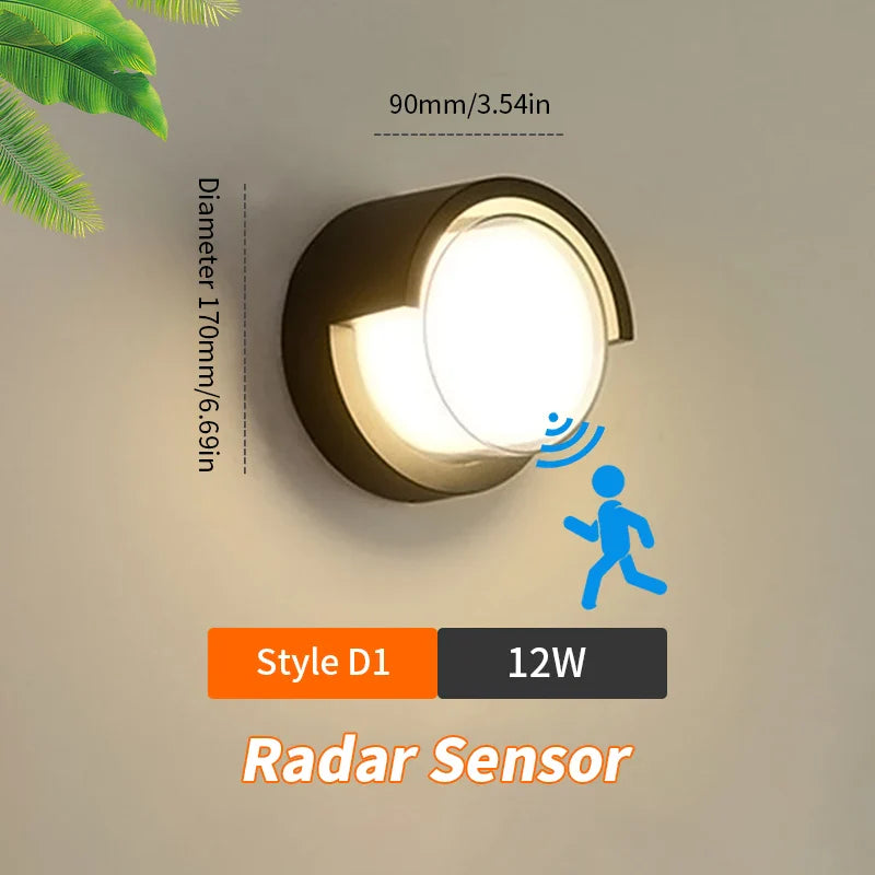 LED Wall Lamp with Radar Motion Sensor – 6W/12W AC85-265V, Warm & Cold White, IP66 Indoor/Outdoor