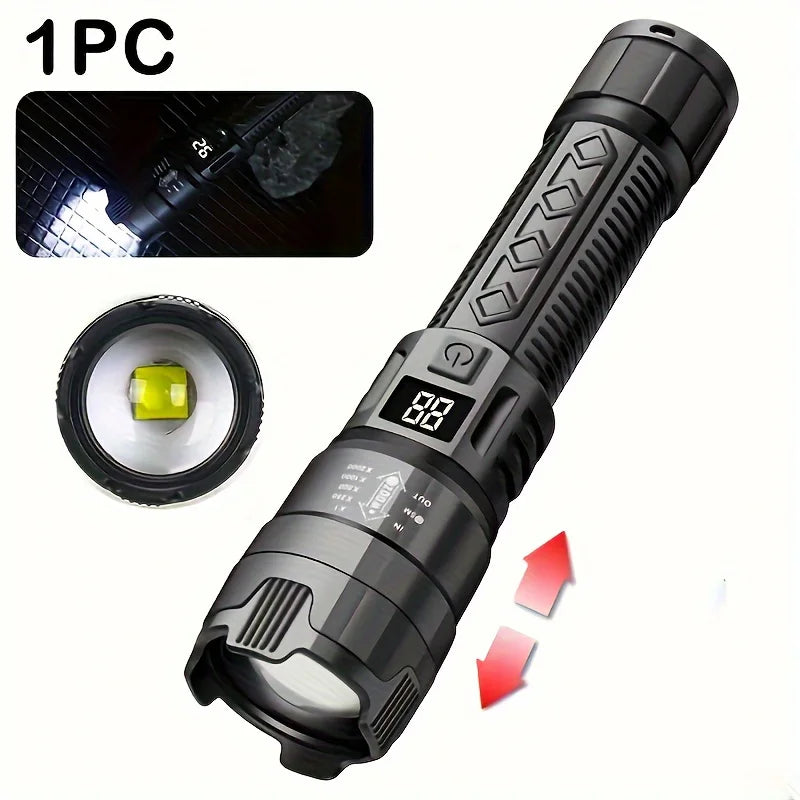 2000LM Tactical LED Flashlight with LCD Battery Display — USB-C Rechargeable Zoom Torch, IP67 Waterproof Power Bank for Camping & Emergency
