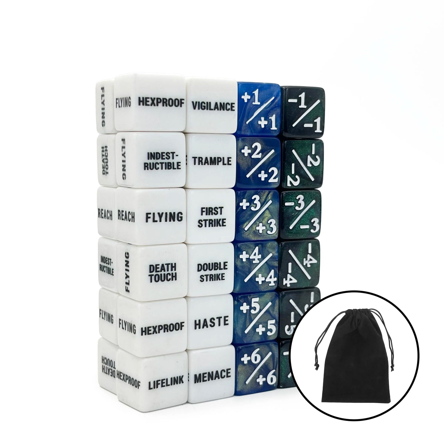 48-Pack Keyword Ability Counters & Buff Dice for TCG Card Games, 16mm (0.63in) Colorful D6 Creature Stat Tokens with Velvet Bag