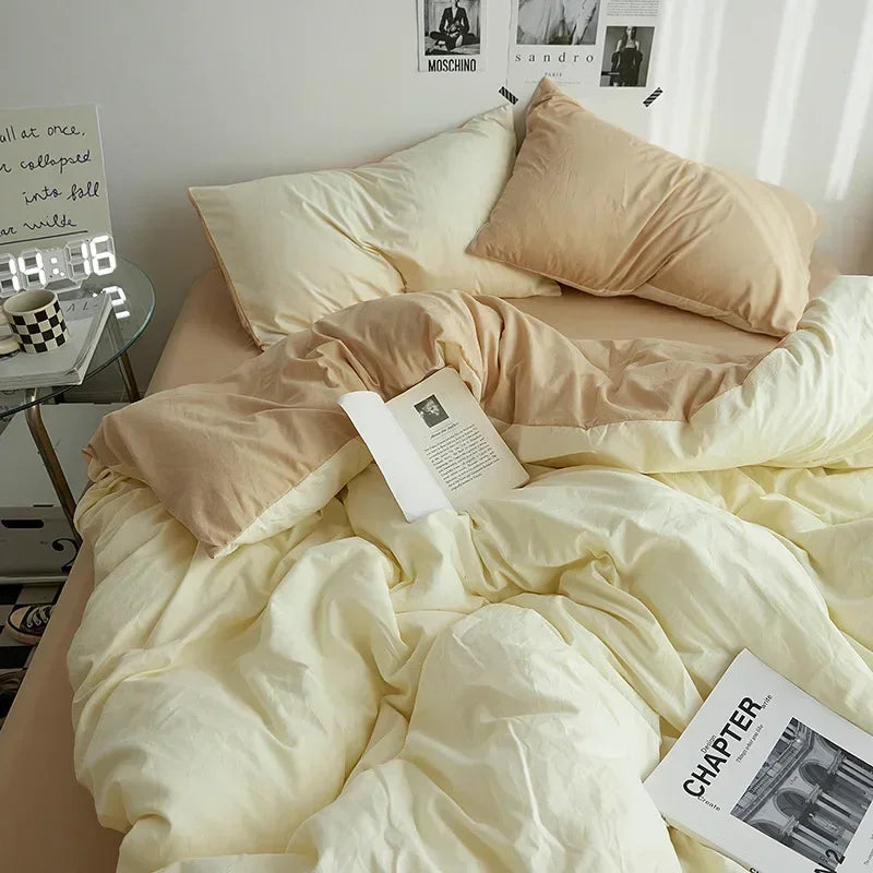 Washed Cotton Solid 4-Piece Bedding Set – 1.5 m (5 ft / 60 in) & 1.8 m (6 ft / 72 in) Duvet Cover, Fitted Sheet & Envelope Pillowcases
