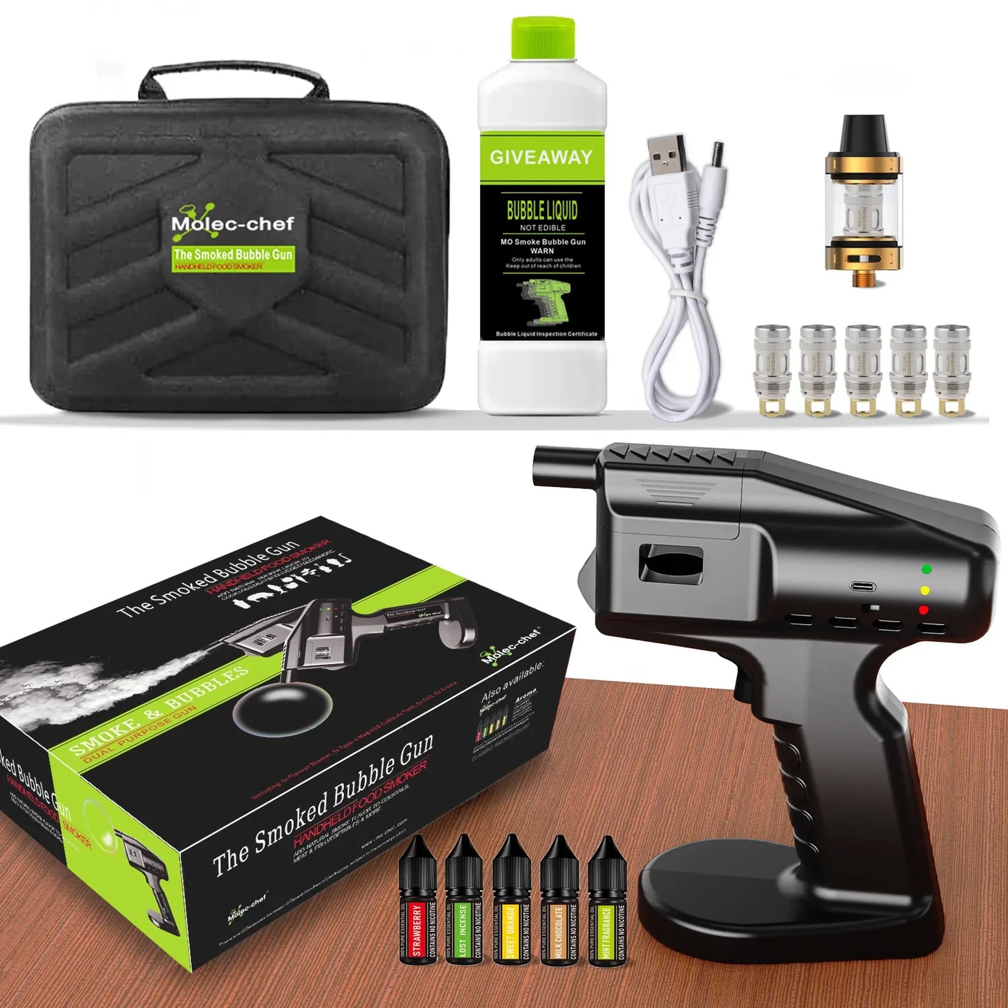 Cocktail Smoker & Smoke Bubble Gun Kit — Rechargeable Bartender Tool with Aroma Vials, Smoke Bubble Liquid & Travel Bag