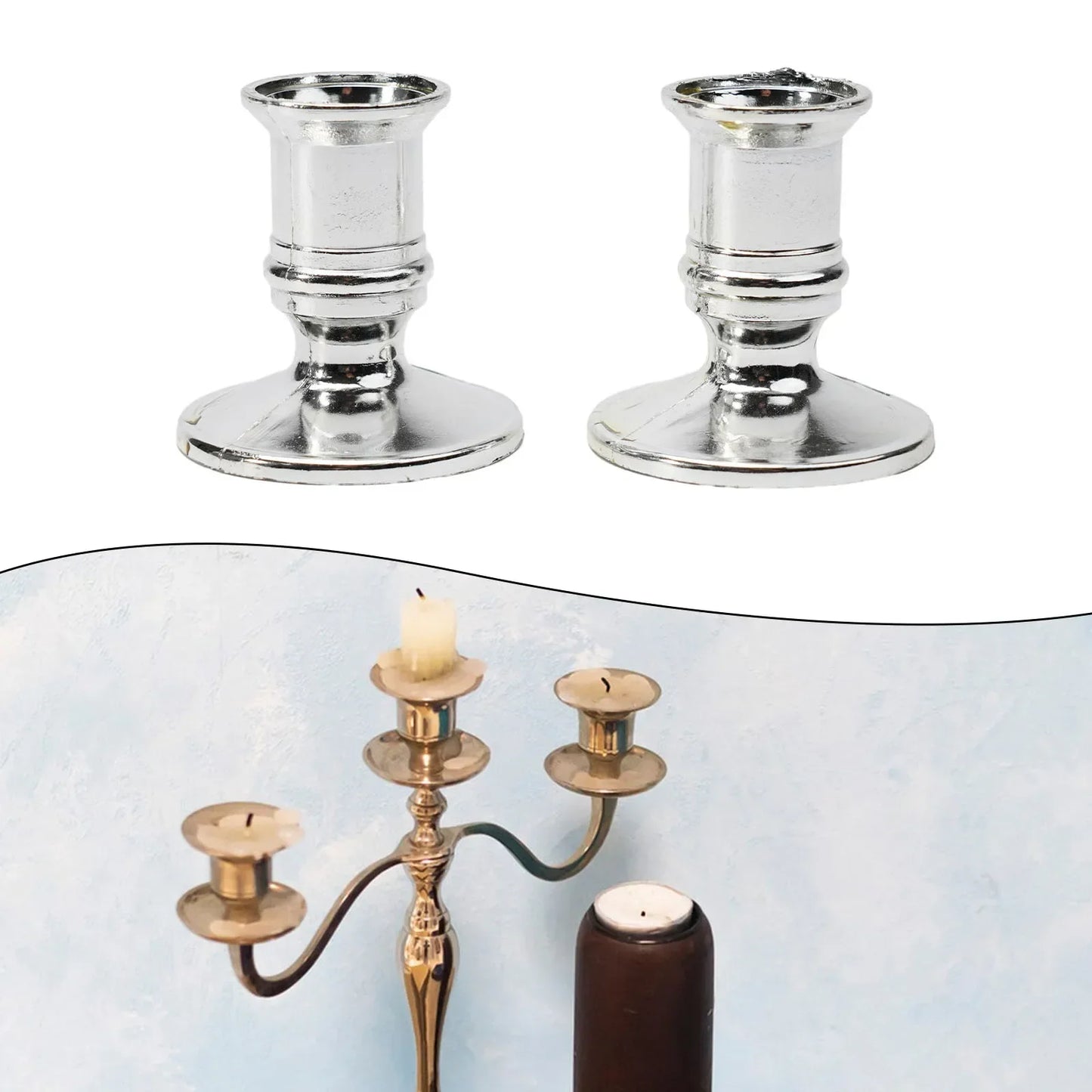 2-Pack Taper Candle Holder Bases – Silver & Gold Plastic Candlestick Stands for Taper/Electric Candles, Wedding & Home Decor