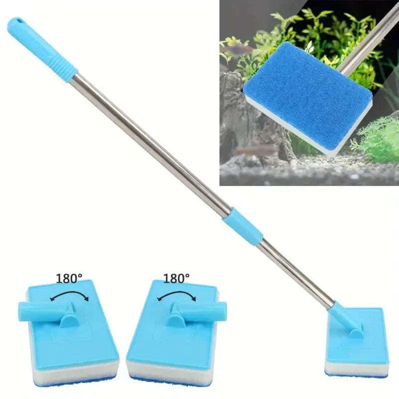 Telescopic Aquarium Algae Scrubber 180° Adjustable Double-Sided Sponge Brush for Fish Tanks & Glass, 21.7–37.4 in (55–95 cm)